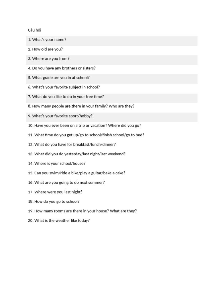 Common Questions for Kids' Interviews | PDF