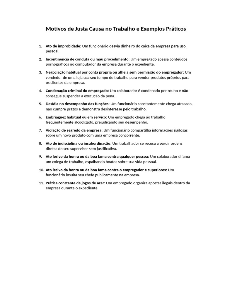 Motivos de Justa Causa No Trabalho e Exemplos Práticos | PDF