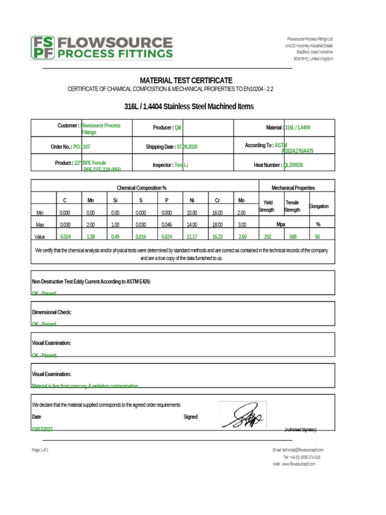 Flowsource Process Fittings Certification | PDF | Materials | Physical ...