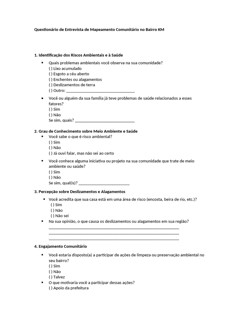 Questionário de Entrevista de Mapeamento Comunitário | PDF