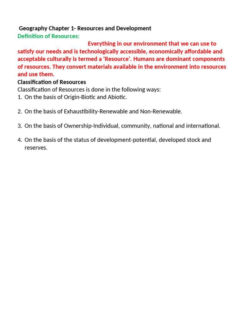 Geography Chapter 1 - Resources and Development - Key Notes | PDF ...