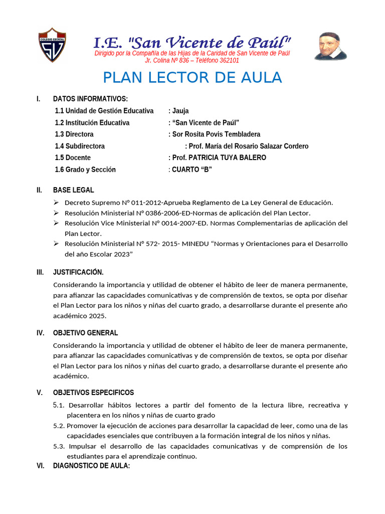 Plan Lector para Cuarto Grado 2025 | PDF | Sicología