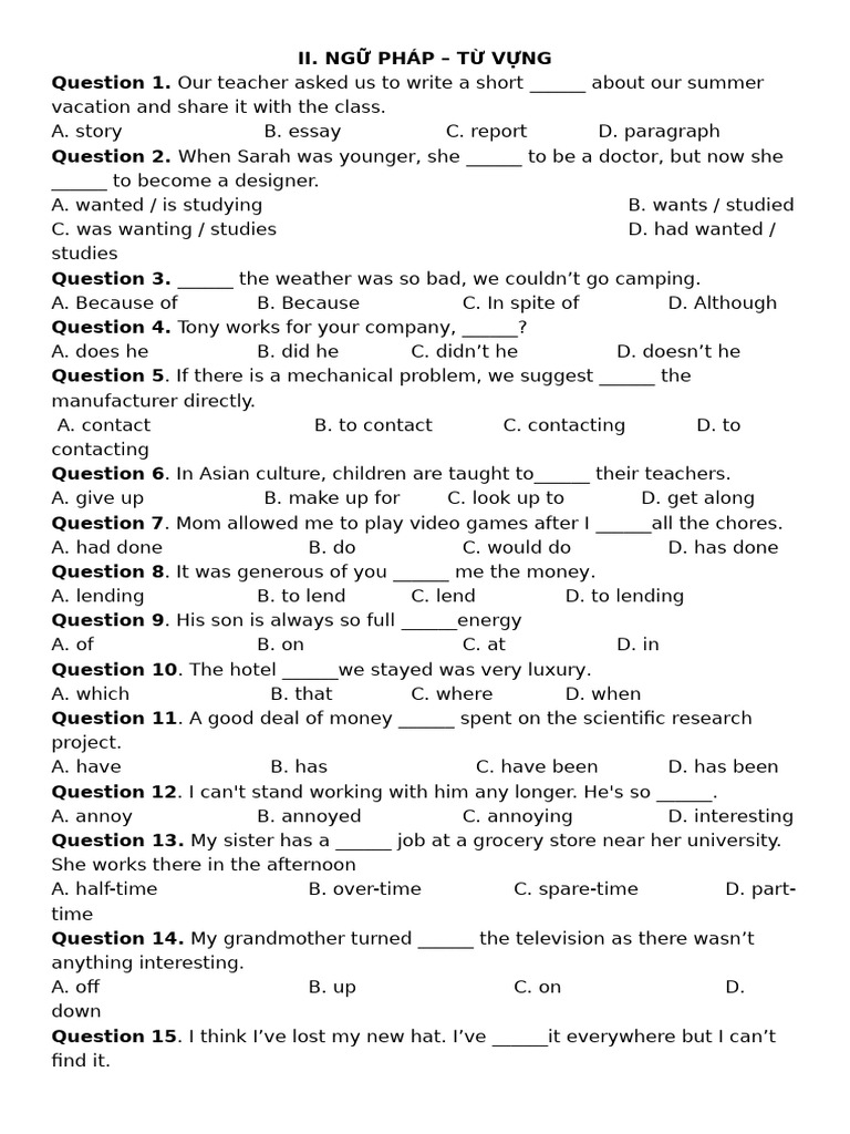 English Grammar and Vocabulary Exercises | PDF