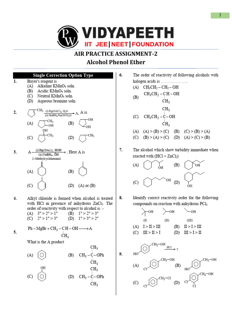 AIR Assignment-2 - Alcohol Phenol Ether - Chemistry - 12 JEE ...