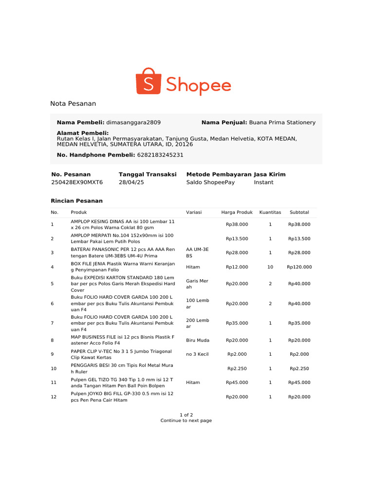 Nota Pembelian Buana Prima Stationery | PDF