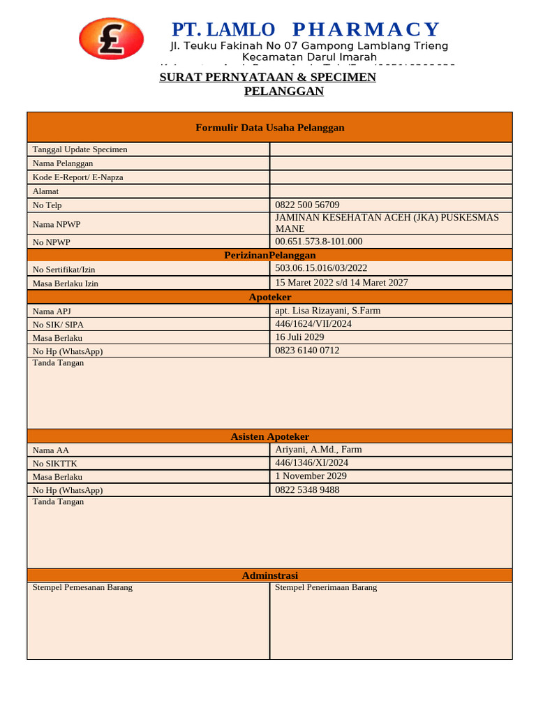 Form Spesimen Pelanggan Baru | PDF