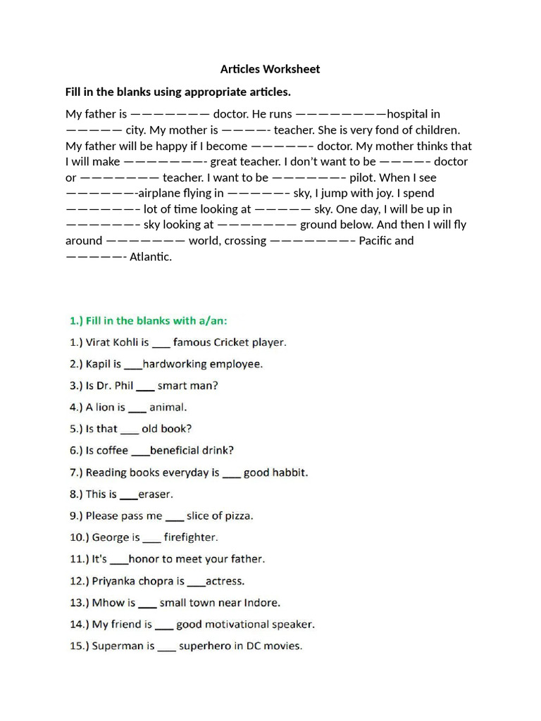 Articles Worksheet | PDF