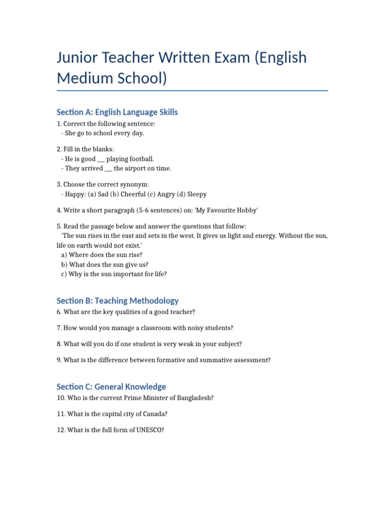 Junior Teacher Written Exam Sample | PDF