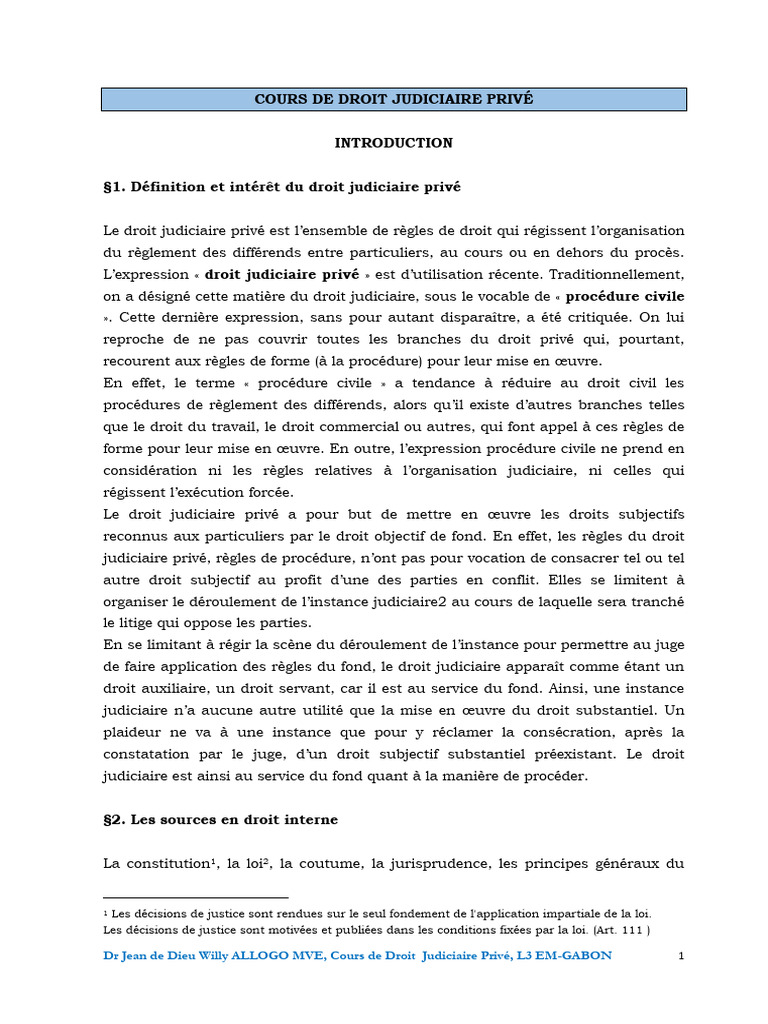 Cours de Droit Judiciaire Privé L3 Gabon | PDF | Compétence ...