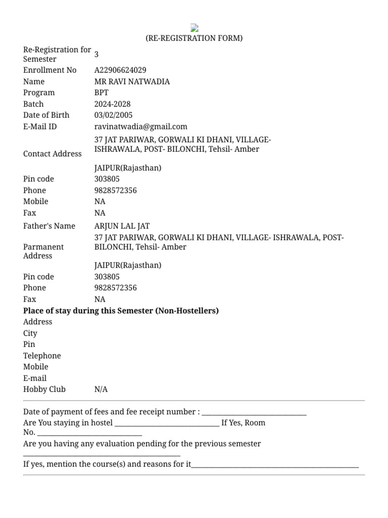 BPT Semester 3 Re-Registration Form | PDF