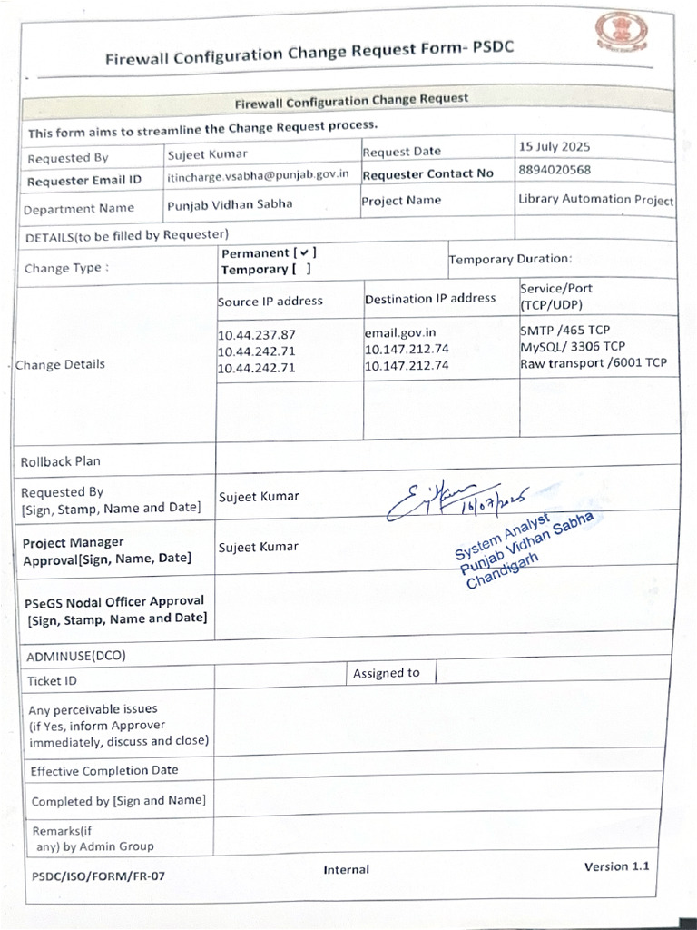 Firewall Configuration Change Request Form - PSDC | PDF
