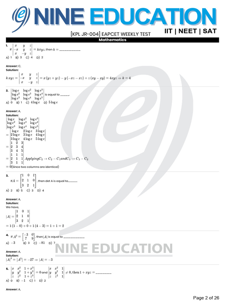 EAPCET Weekly Test: Mathematics Solutions | PDF | Mathematical