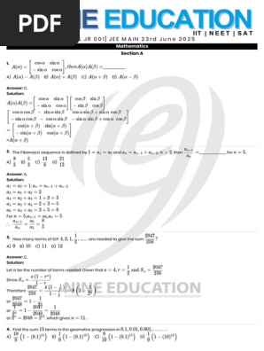 JEE Mathematics Solutions for June 2025 | PDF | Linear Algebra