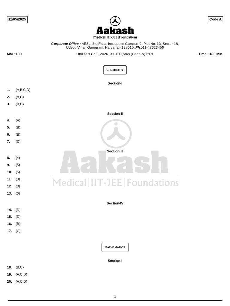 Unit Test 2 A Paper 1 COE XII JEE Advanced - Solution - 11!05!2025 ...