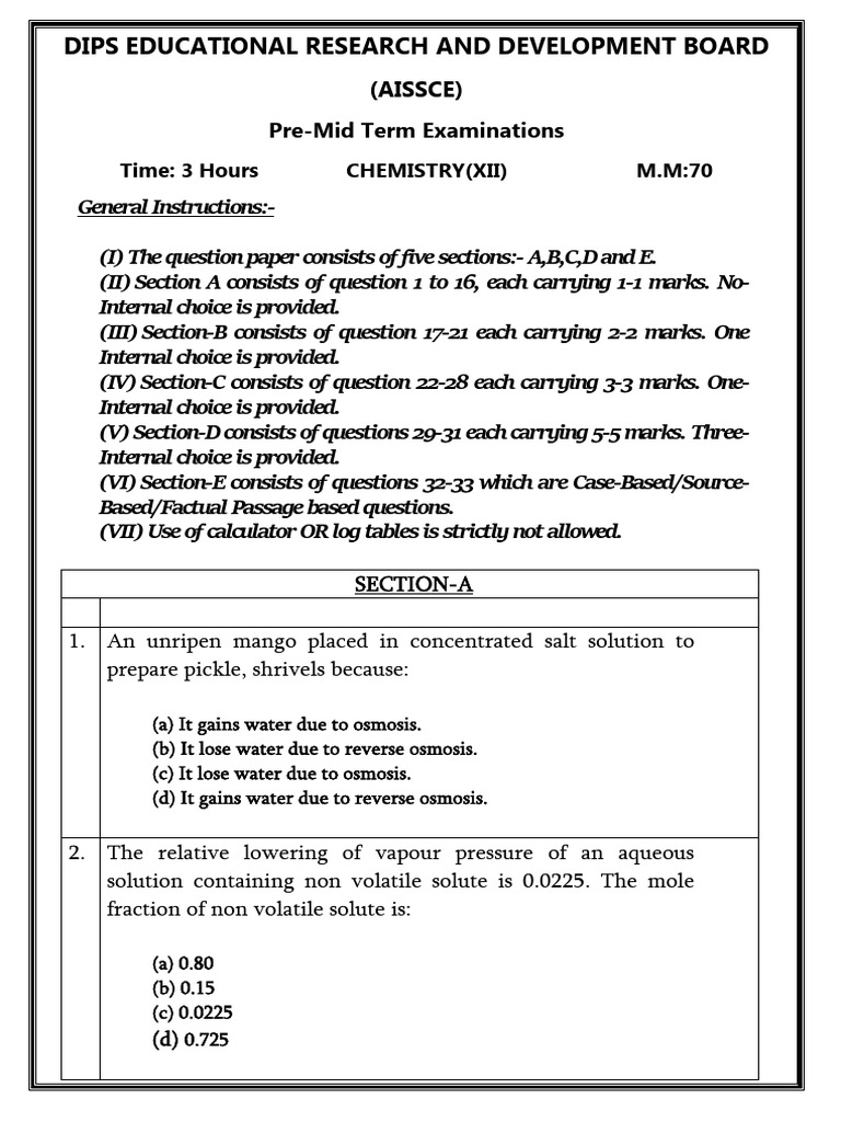 AISSCE XII Chemistry Pre-Mid Term Exam | PDF | Chemical Reactions ...