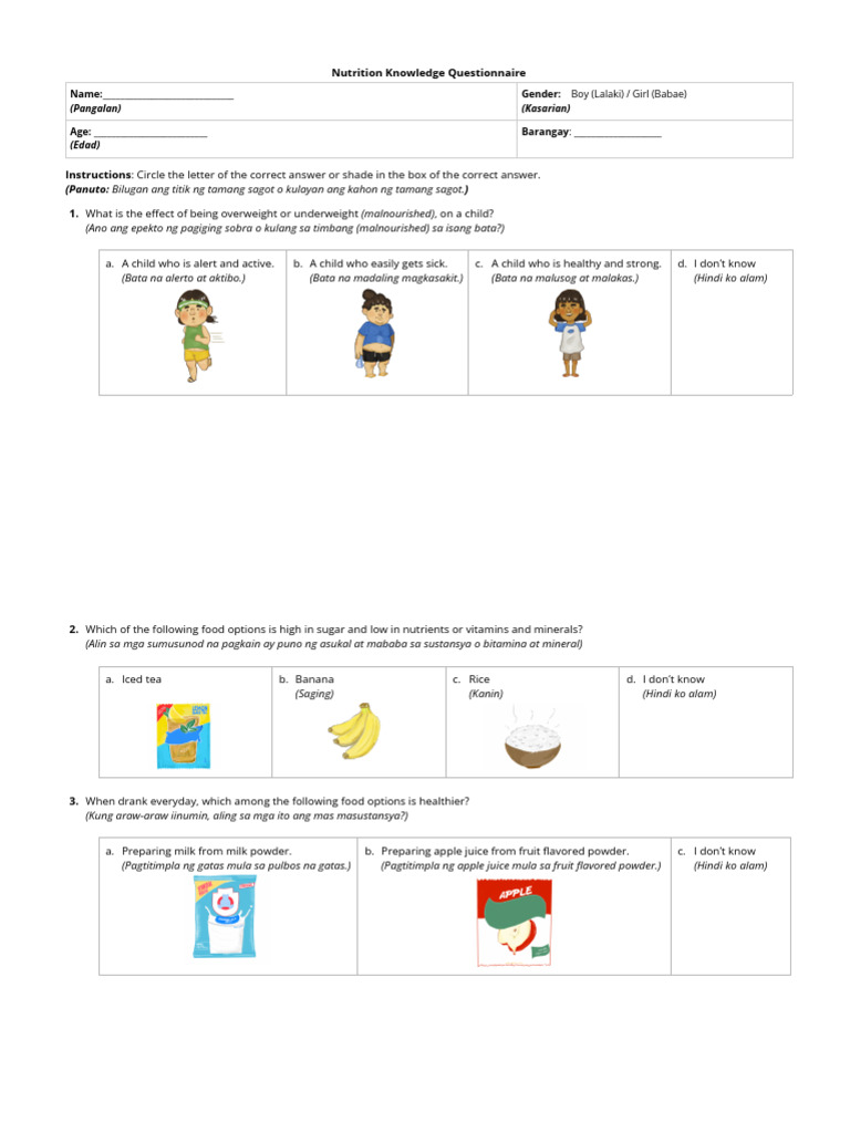 NK Questionnaire For 6 10 Year Old Kids | PDF