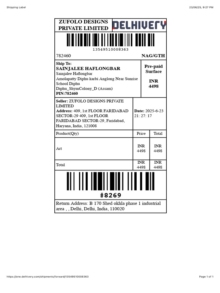 Shipping Label for ZUFOLO Designs Order | PDF