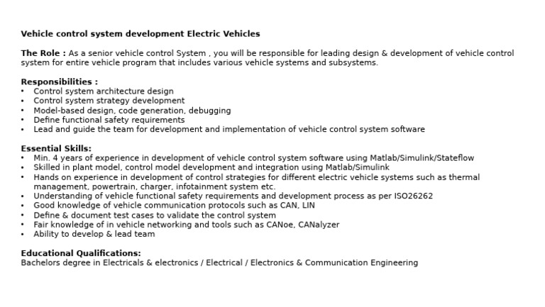 Vehicle Control System Development Lead | PDF