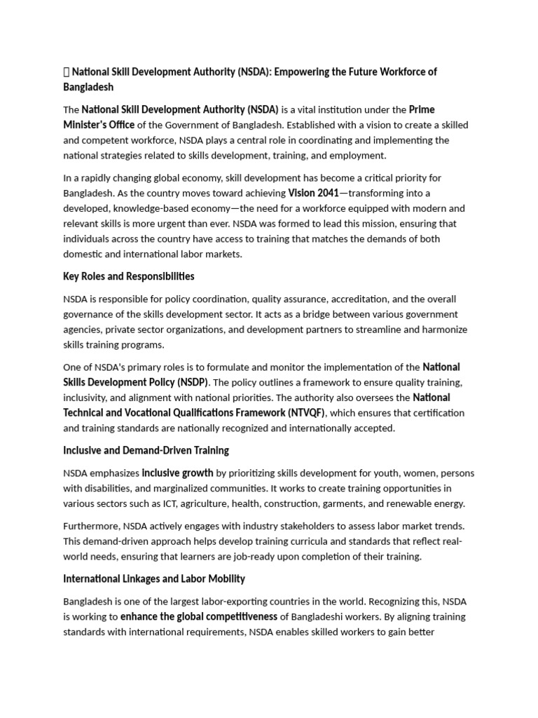 NSDA: Skills Development in Bangladesh | PDF | Vocational Education ...