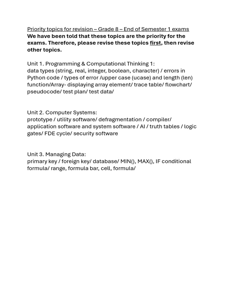 Unit Study Priority Topics - G8 EOS1 (v2) | PDF