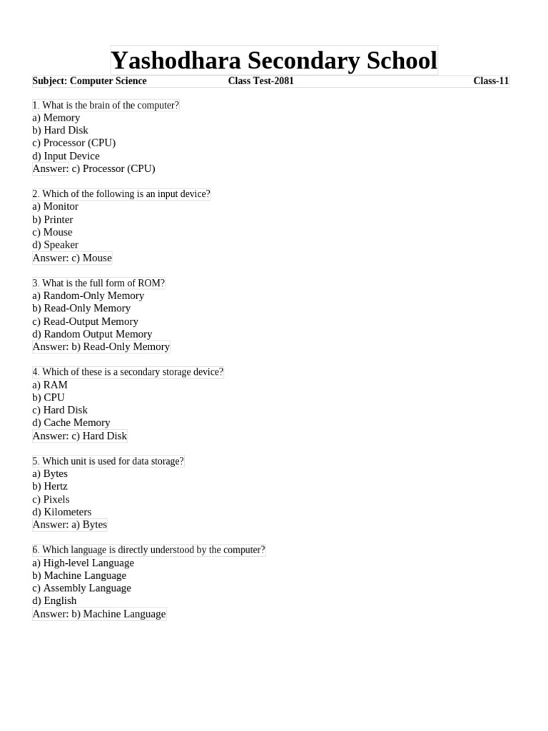 Class 11 Computer Science Test 2081 | PDF