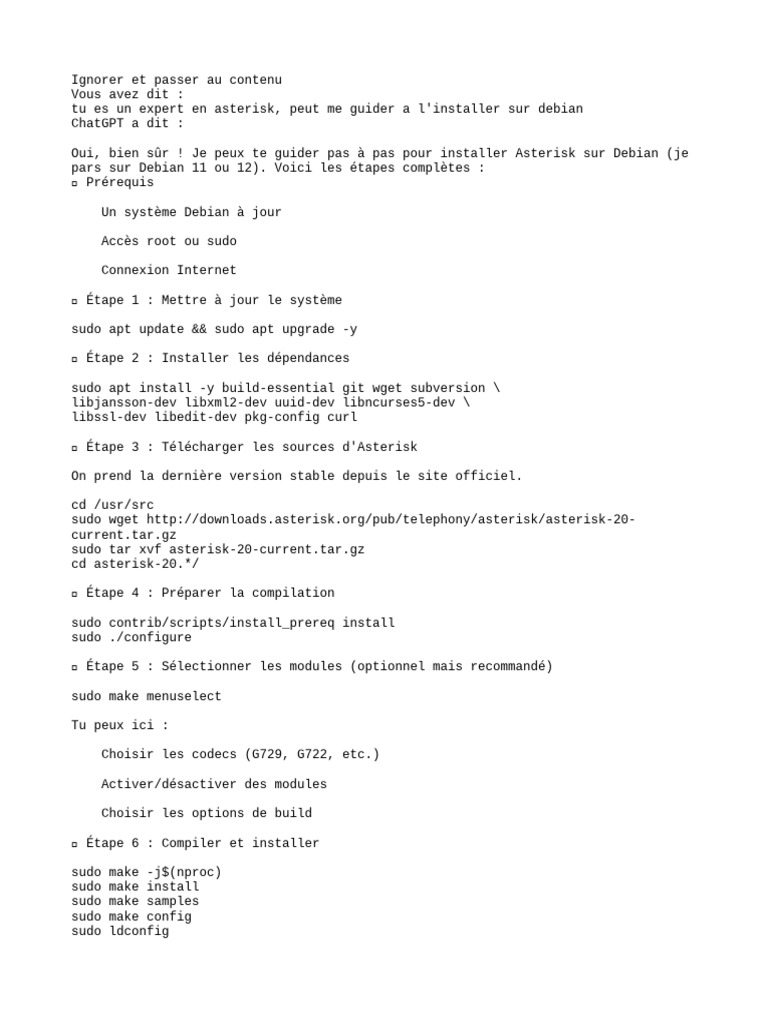 Guide Installation Asterisk 20 | PDF | séance d'initiation au ...