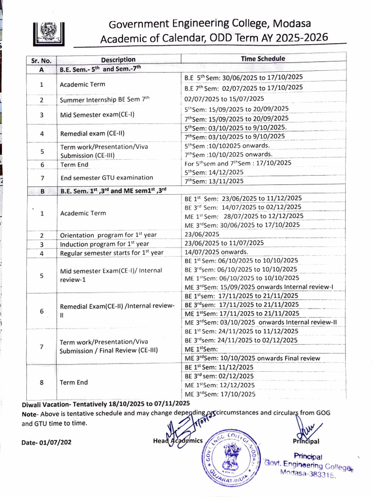 GEC Modasa Academic Calendar 2025-26 | PDF | Academic Term | Academia