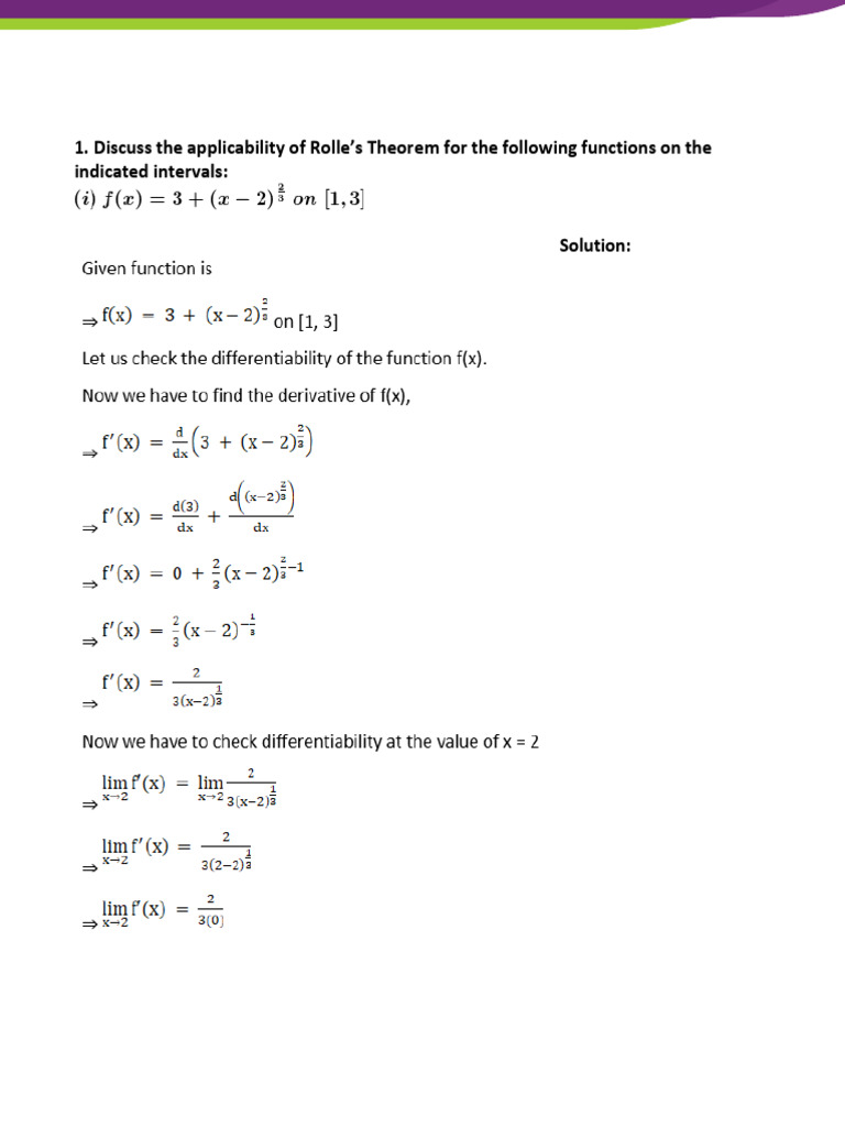 Rolle's Theorem Applications and Verifications | PDF | Function ...