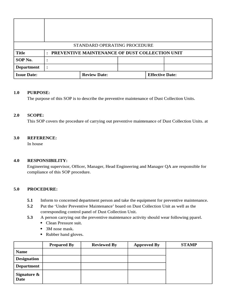 Dust Collector Maintenance SOP | PDF | Equipment