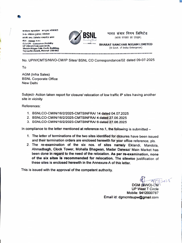 BSNL IP Site Closure and Relocation Report | PDF | Economy Of India ...