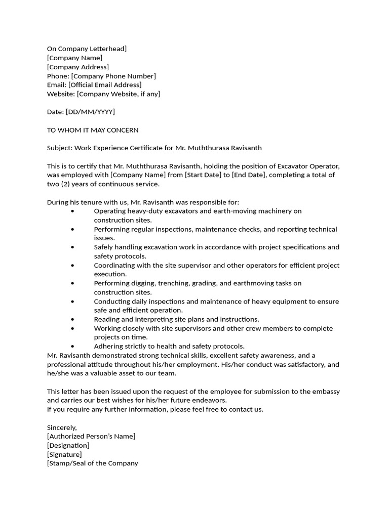 Excavator Operator Experience Certificate | PDF