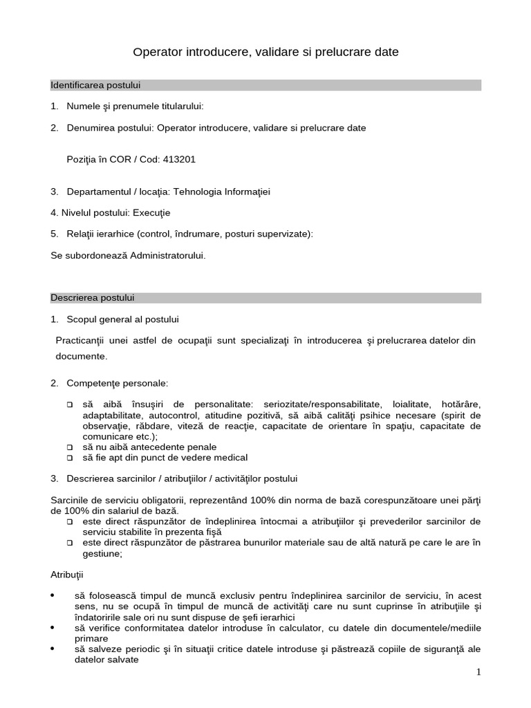 Fisa-Postului Operator Date | PDF