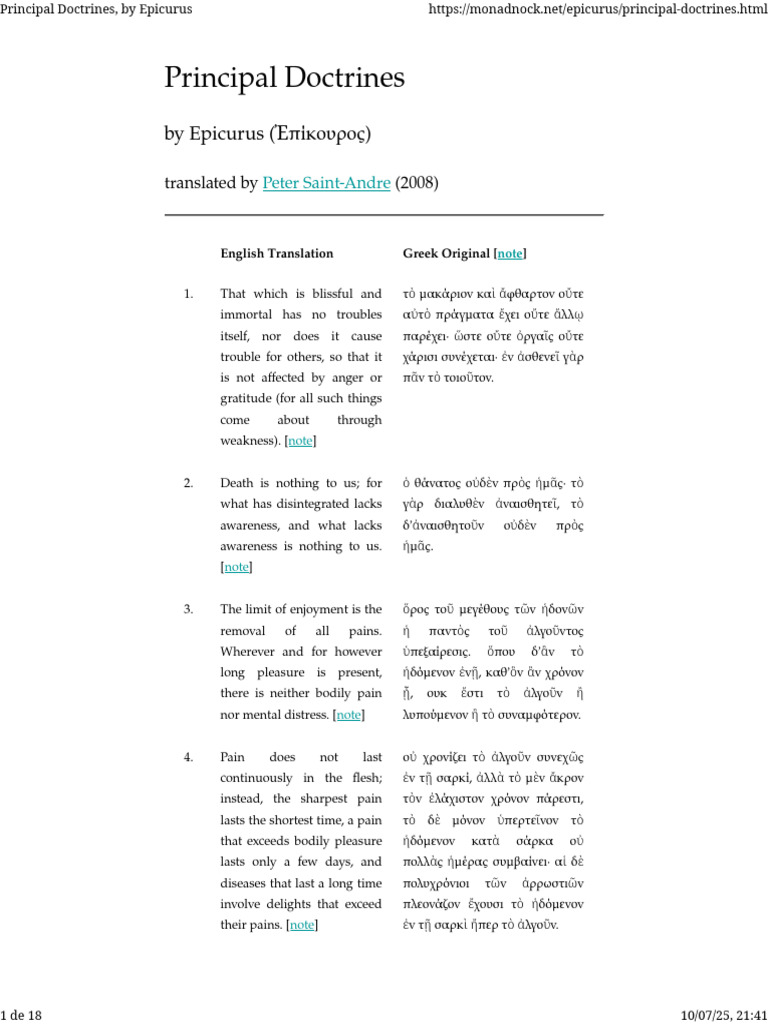 Epicurus' Principal Doctrines Explained | PDF | Pleasure | Happiness