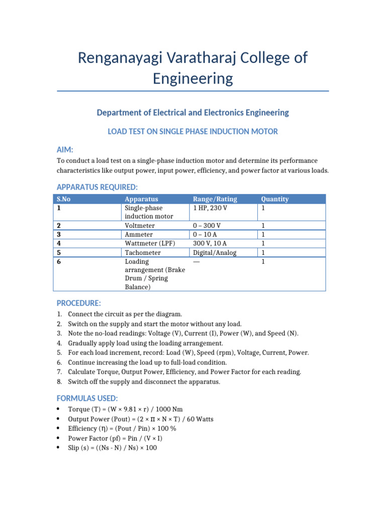 Load Test Results for Single Phase Motor | PDF | Electrical Engineering ...
