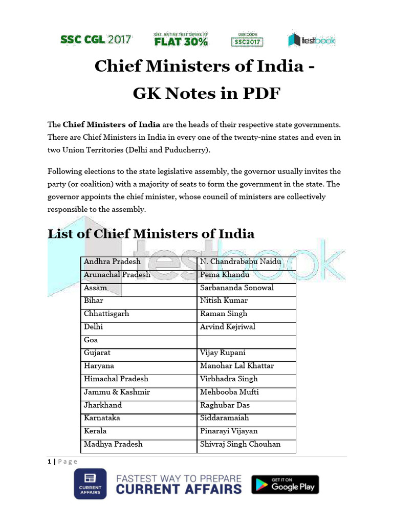 Chief Ministers of India GK Notes in PDF Updated 1 | PDF | Government ...