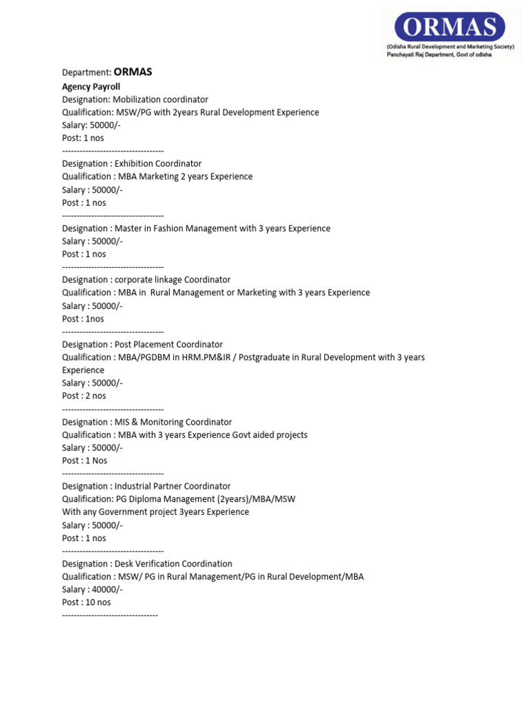 ORMAS Recruitment 2025 Job Vacancies | PDF