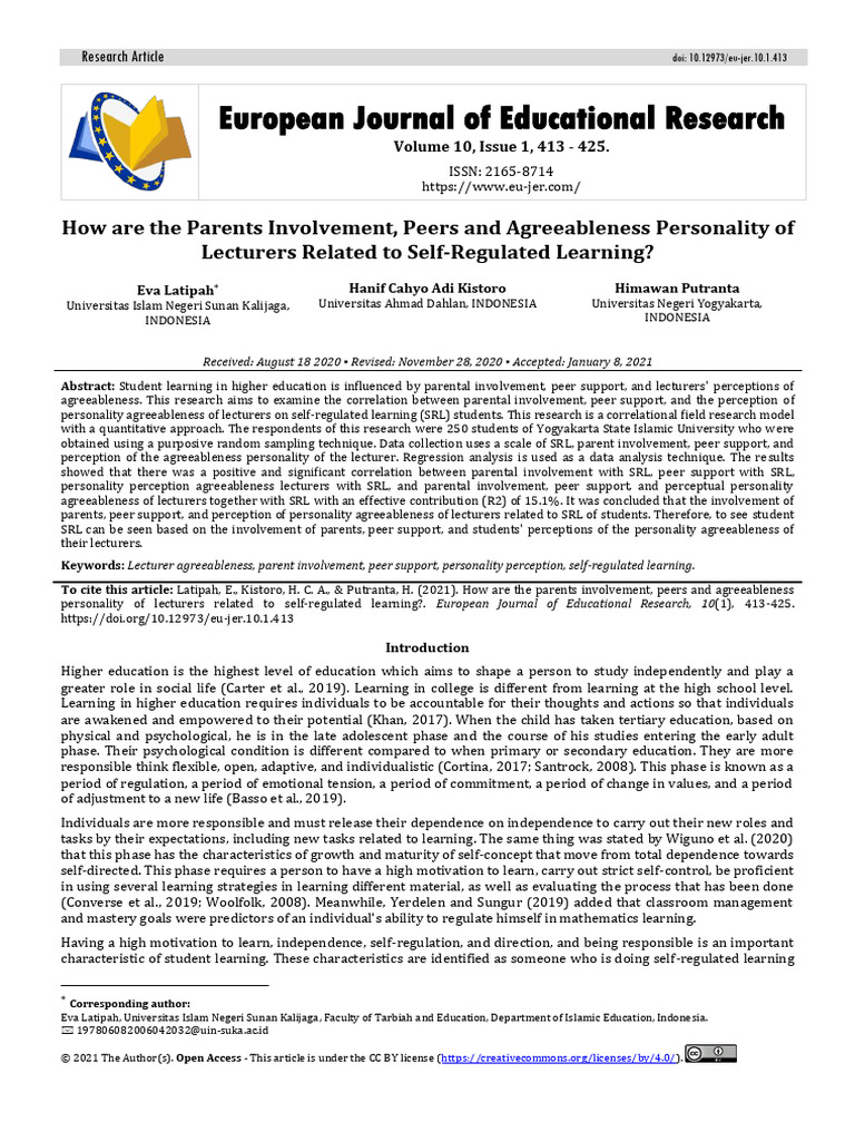 Parental Involvement and Self-Regulated Learning | PDF | Metacognition ...