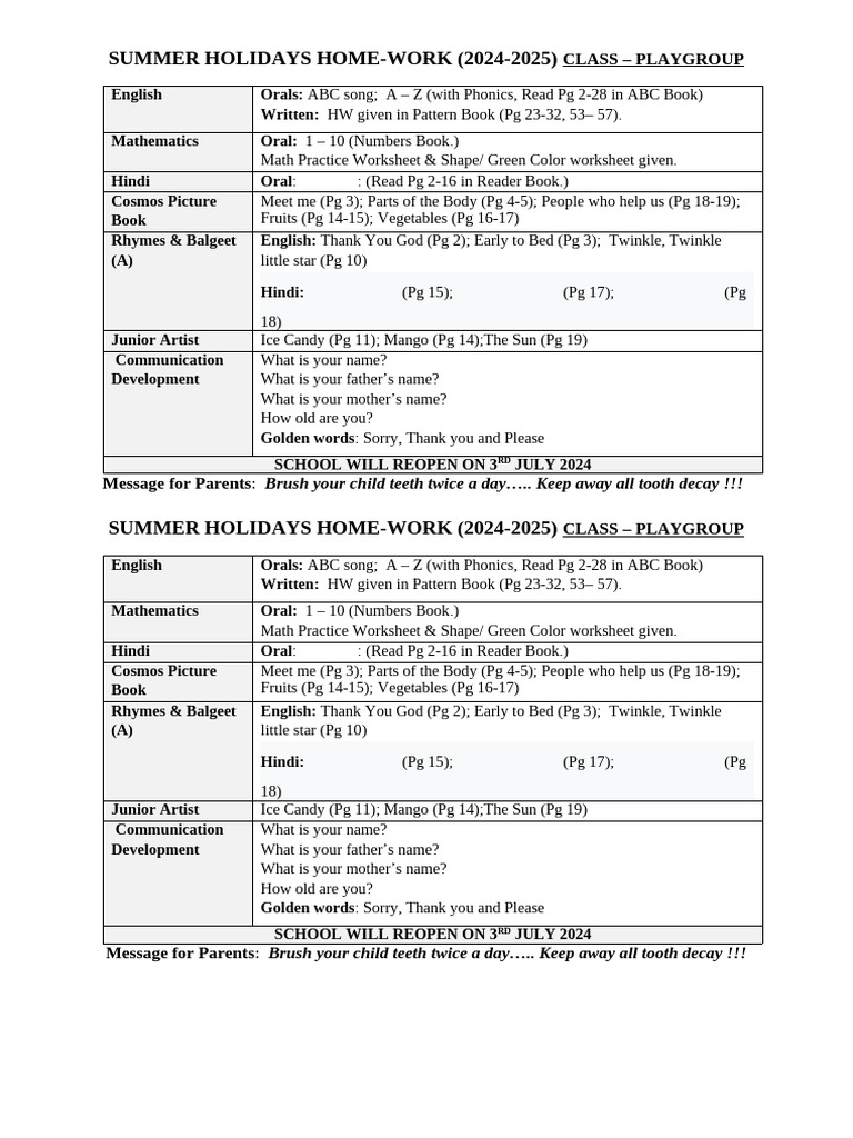 Playgroup - Summer HHW | PDF