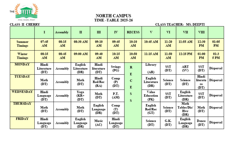 Heritage School Class II Timetable 2025-26 | PDF