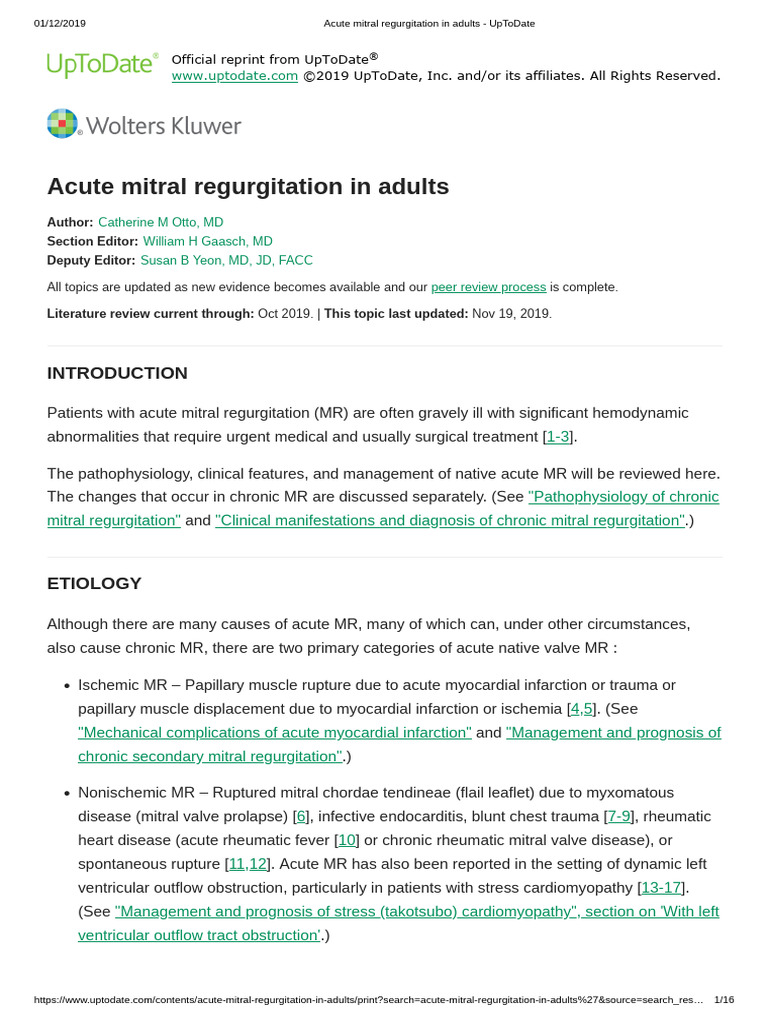 Acute Mitral Regurgitation in Adults - UpToDate | PDF | Heart | Atrium ...