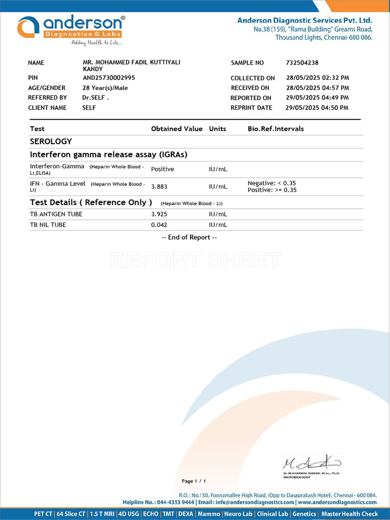 Serology Interferon Gamma Release Assay (Igras) : Test Obtained Value ...
