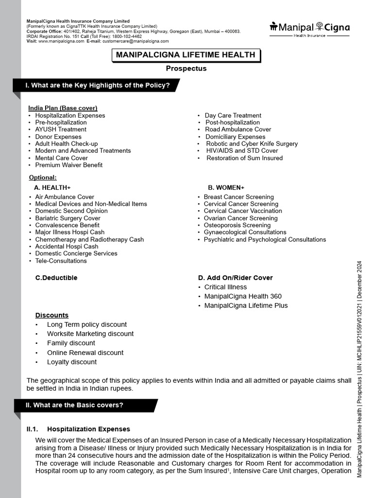 ManipalCigna Lifetime Health Prospectus | PDF | Hospital | Mental Health