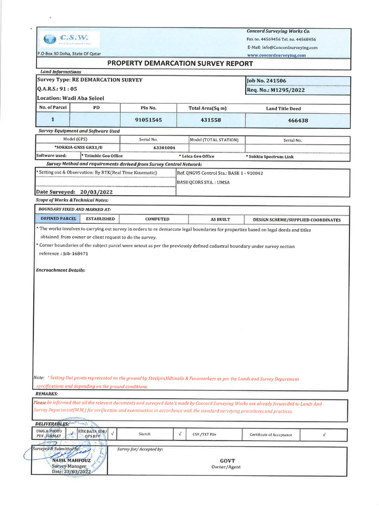1) Re Demarcation+Survey+ (Concord+Surveying) Wadi | PDF