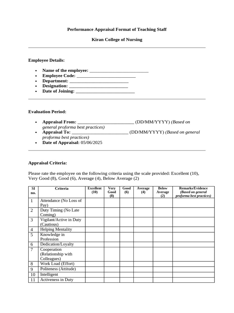 Performance Appraisal Format of Teaching Staff | PDF | Performance ...