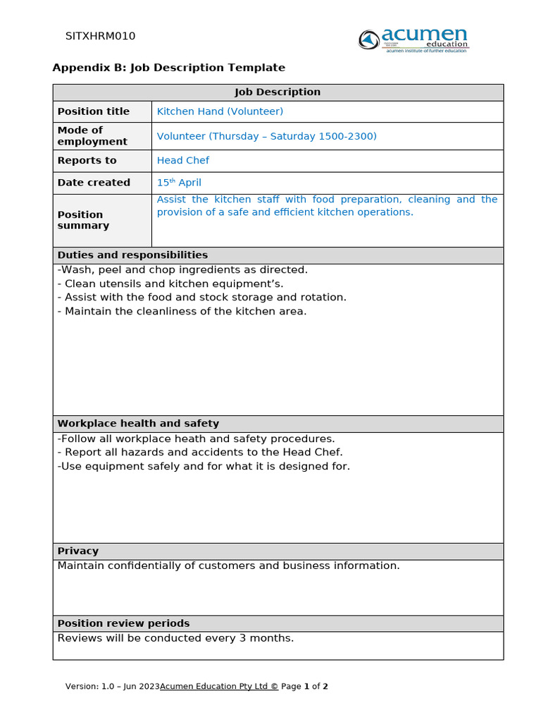 Kitchen Hand Volunteer Job Description | PDF