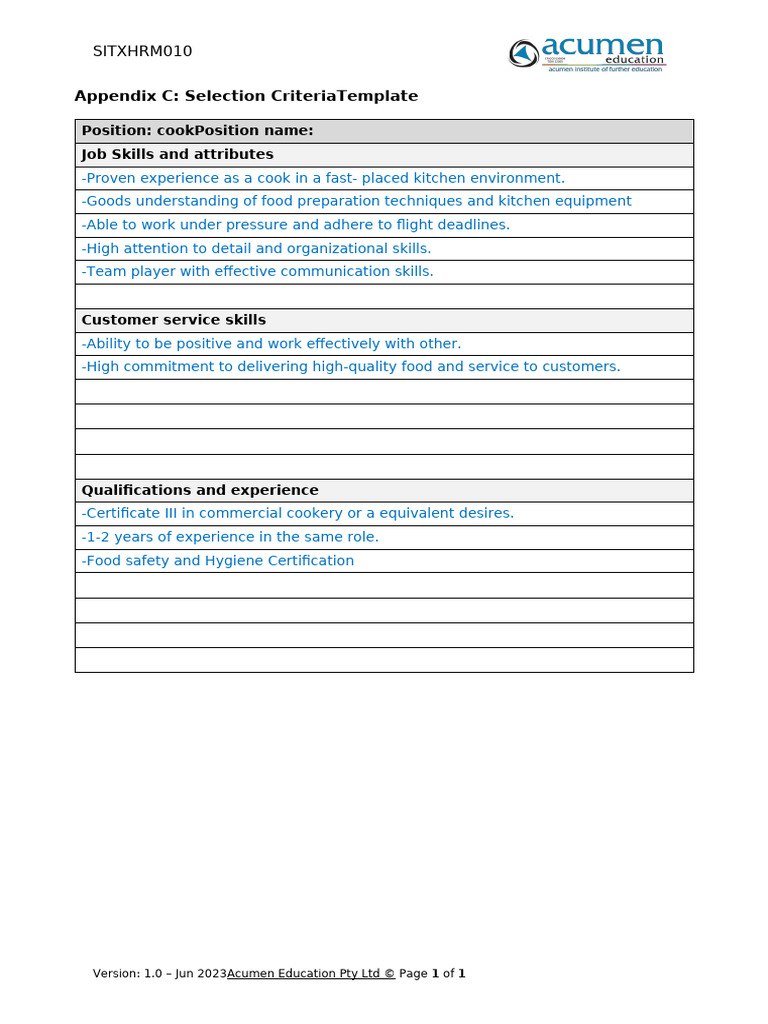 Cook Position Selection Criteria Template | PDF