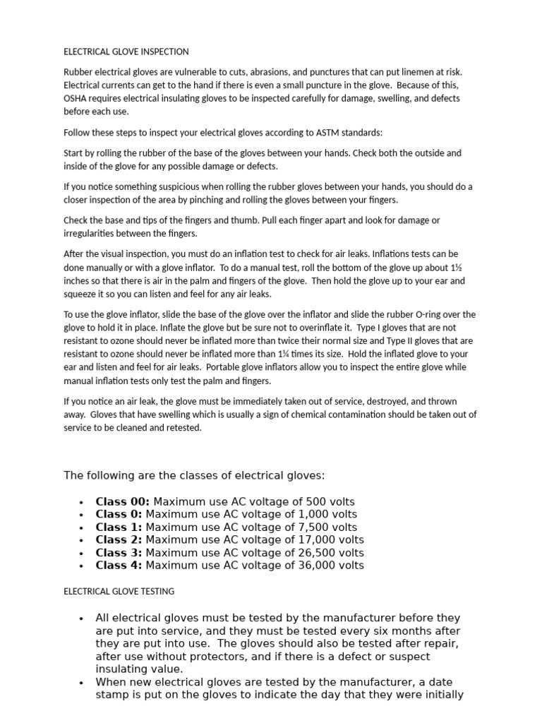 Electrical Glove Inspection & Testing Guide | PDF | Voltage ...