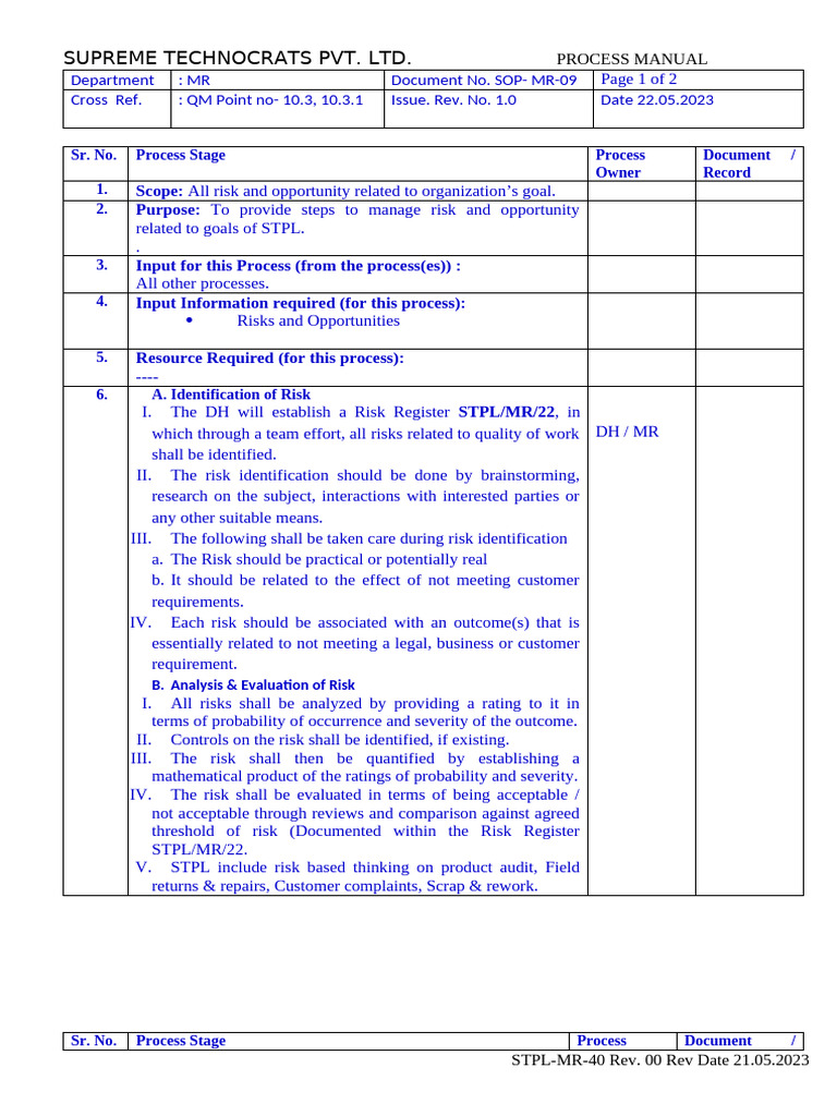 SOP-MR-009 - SOP For RISK Management | PDF | Risk | Applied Mathematics