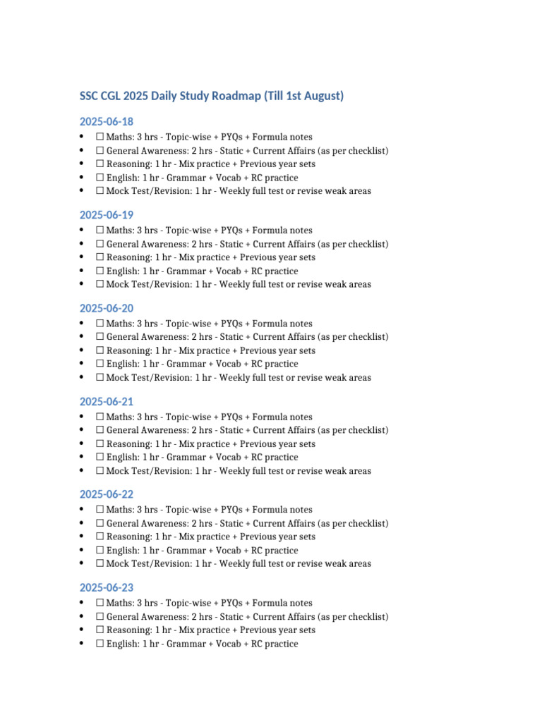 SSC CGL 2025 Daily Revision Plan | PDF
