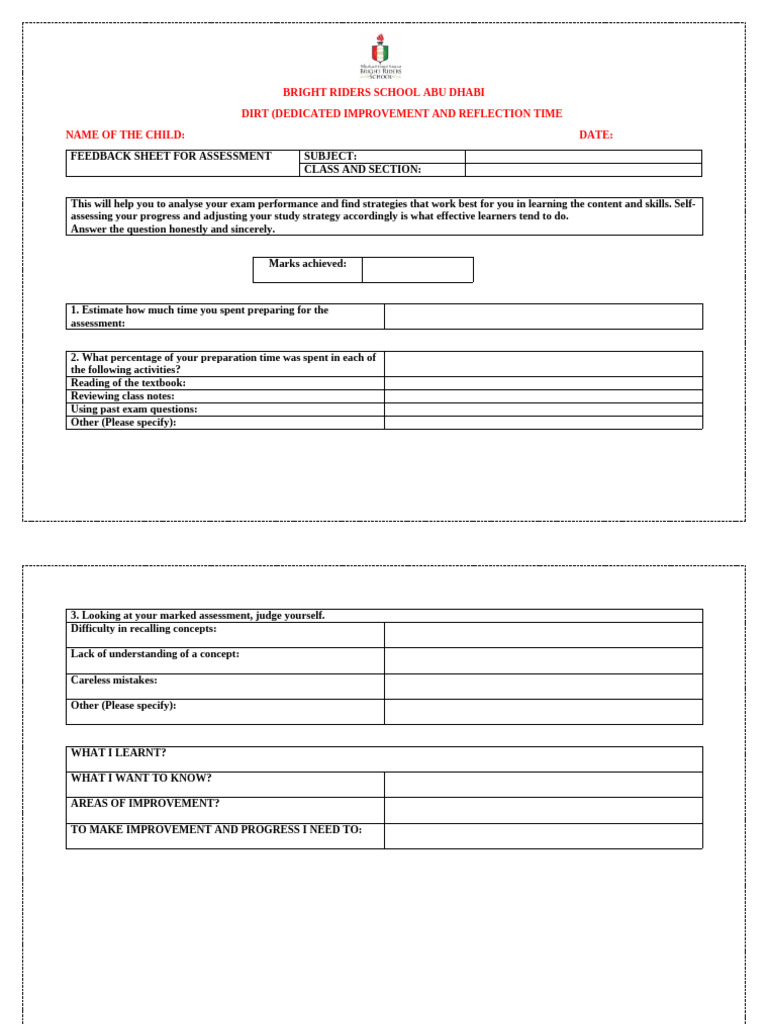Grade 5-8 Self Reflection Template of Assessment (2024-25) | PDF
